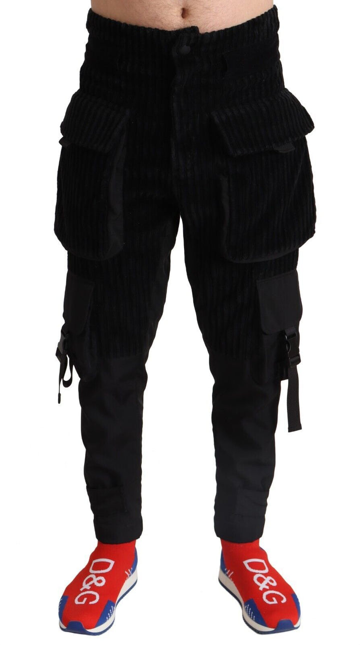Schwarze Skinny-Cord-Cargo-Hose aus Baumwolle