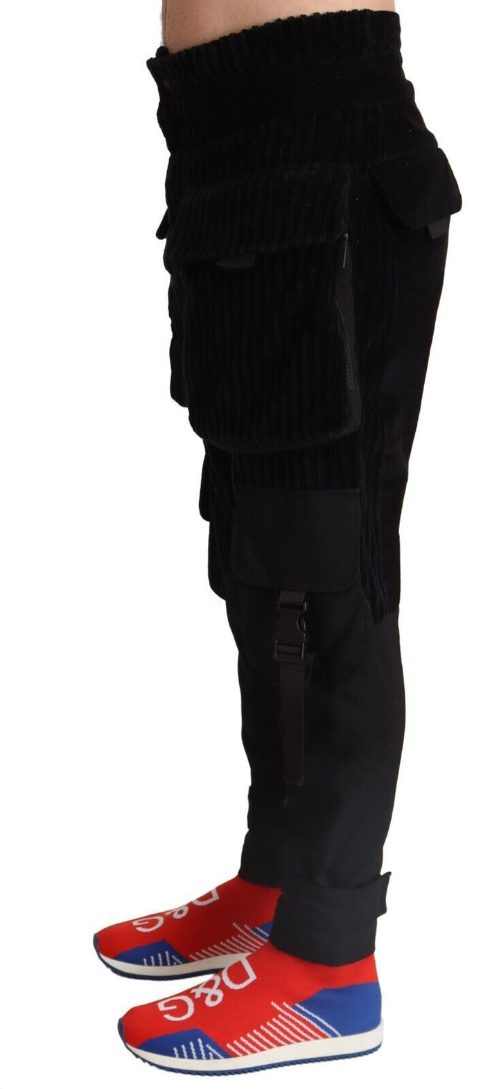 Schwarze Skinny-Cord-Cargo-Hose aus Baumwolle
