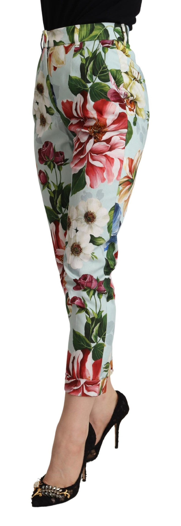 Hellblaue Hose mit Fiori-Druck aus Baumwolle, konisch zulaufend