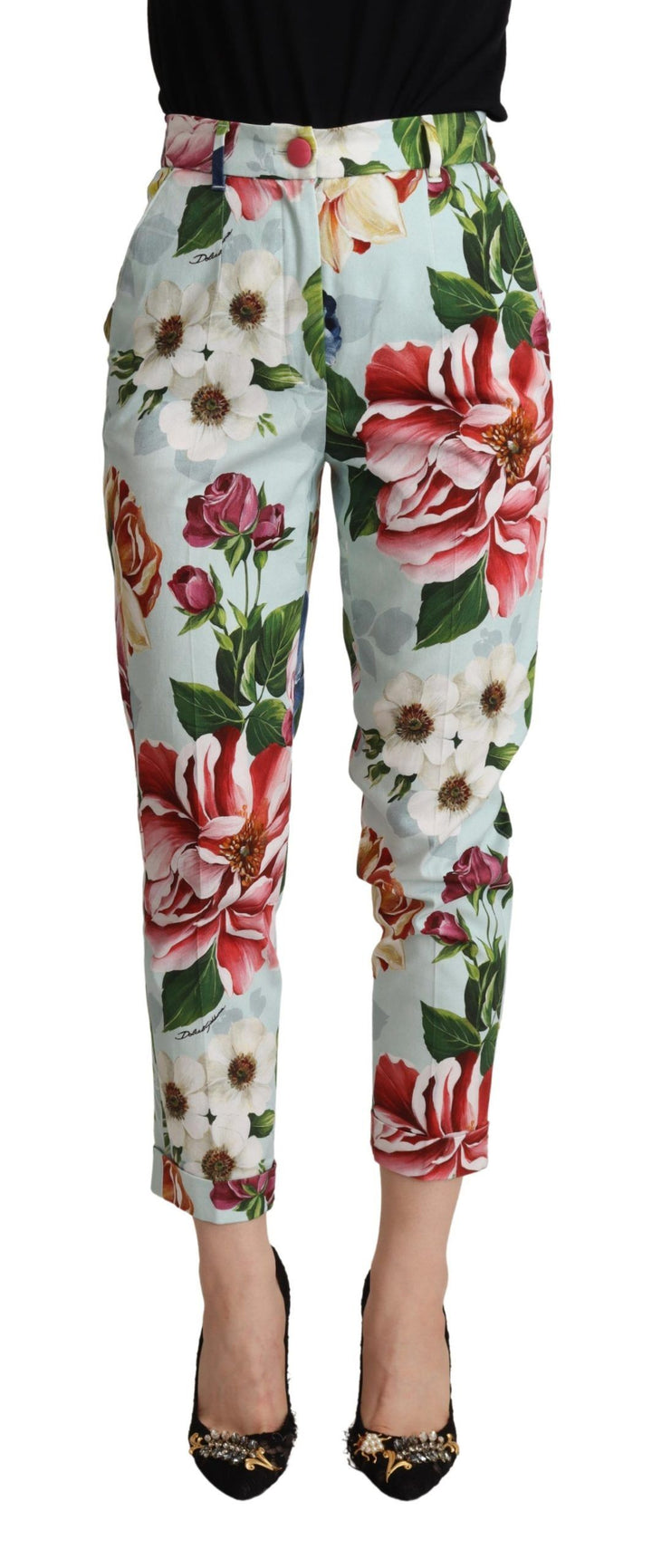 Hellblaue Hose mit Fiori-Druck aus Baumwolle, konisch zulaufend