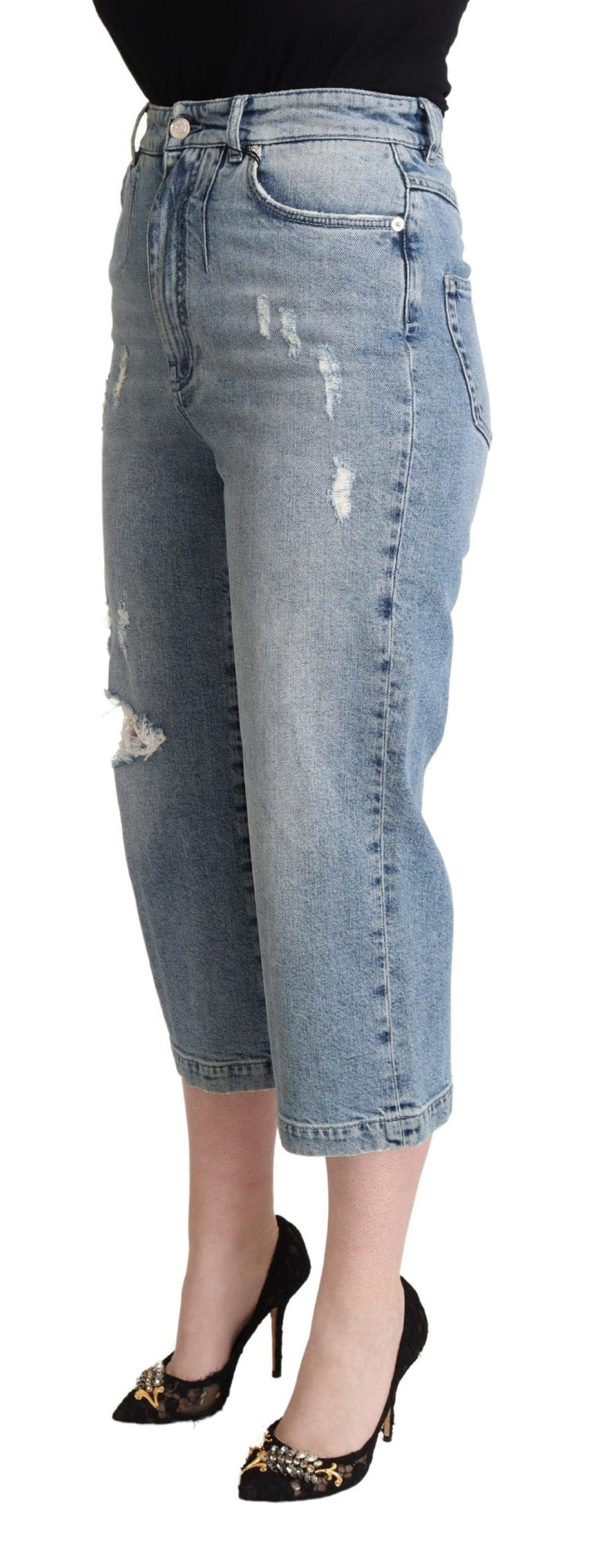 Blaue Capri-Cropped-Jeans aus zerrissenem Baumwoll-Denim