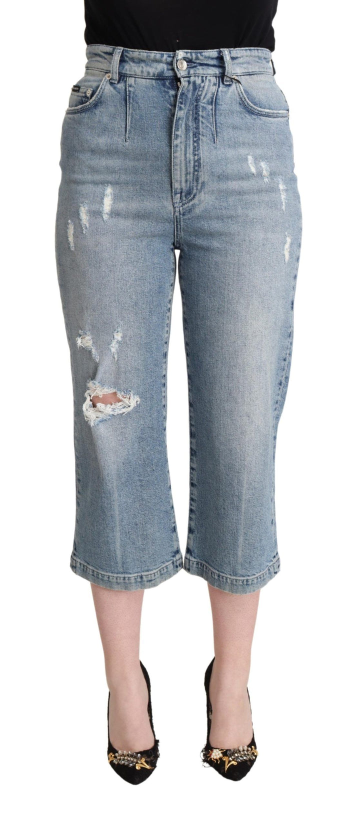 Blaue Capri-Cropped-Jeans aus zerrissenem Baumwoll-Denim