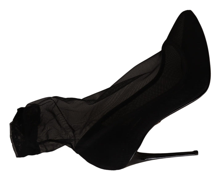 Schwarz Tüll Stretch Stiefel Pumps Schuhe