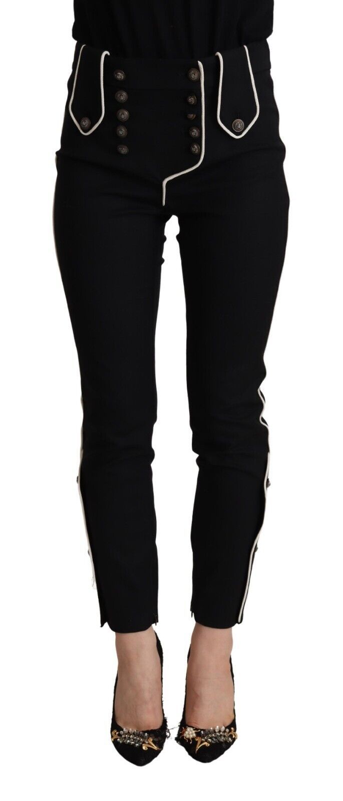 Schwarze Slim Fit Hose mit mittlerer Taille und verschönerten Knöpfen