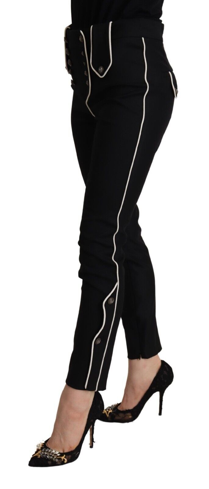 Schwarze Slim Fit Hose mit mittlerer Taille und verschönerten Knöpfen