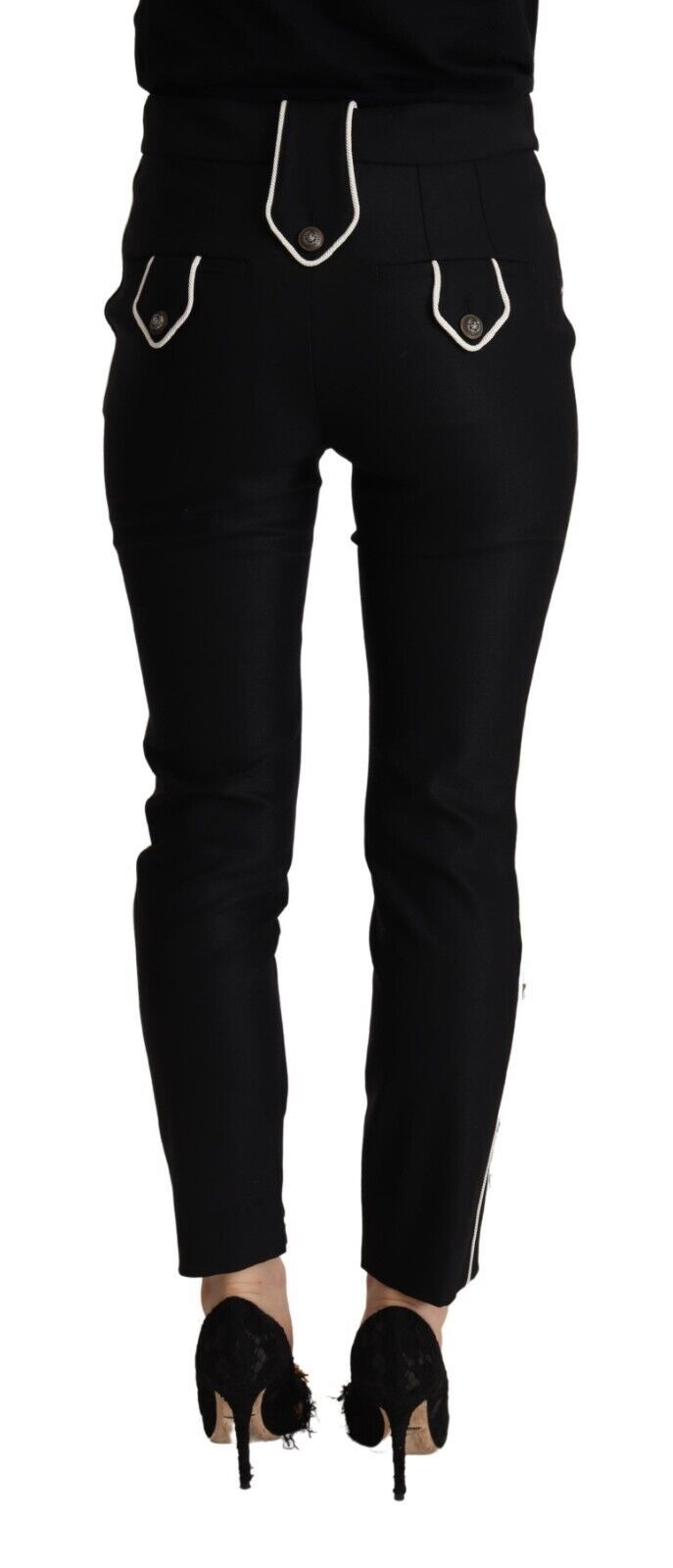 Schwarze Slim Fit Hose mit mittlerer Taille und verschönerten Knöpfen