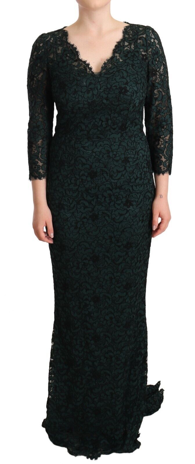 Elegant floor-length lace dress with V-neck