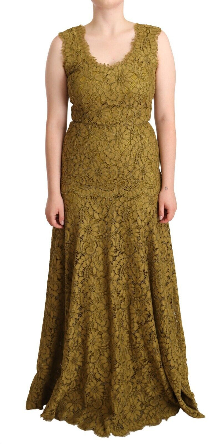 Braunes bodenlanges Maxikleid aus floraler Spitze