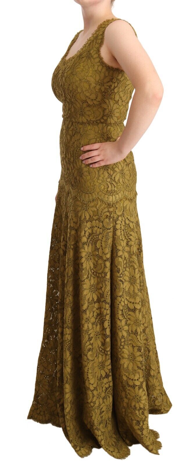 Braunes bodenlanges Maxikleid aus floraler Spitze
