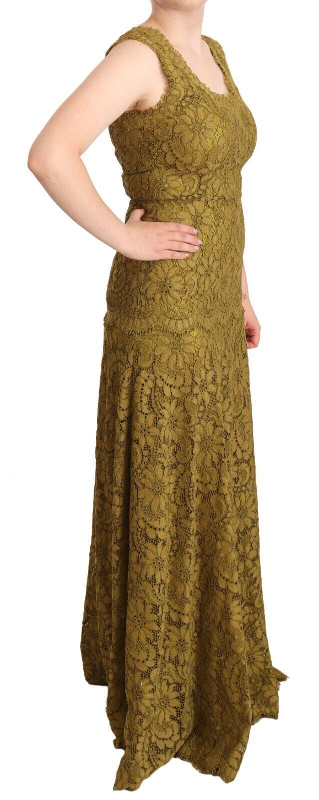 Braunes bodenlanges Maxikleid aus floraler Spitze