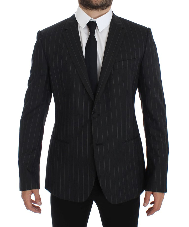 Grauer gestreifter Slim Fit Wollblazer