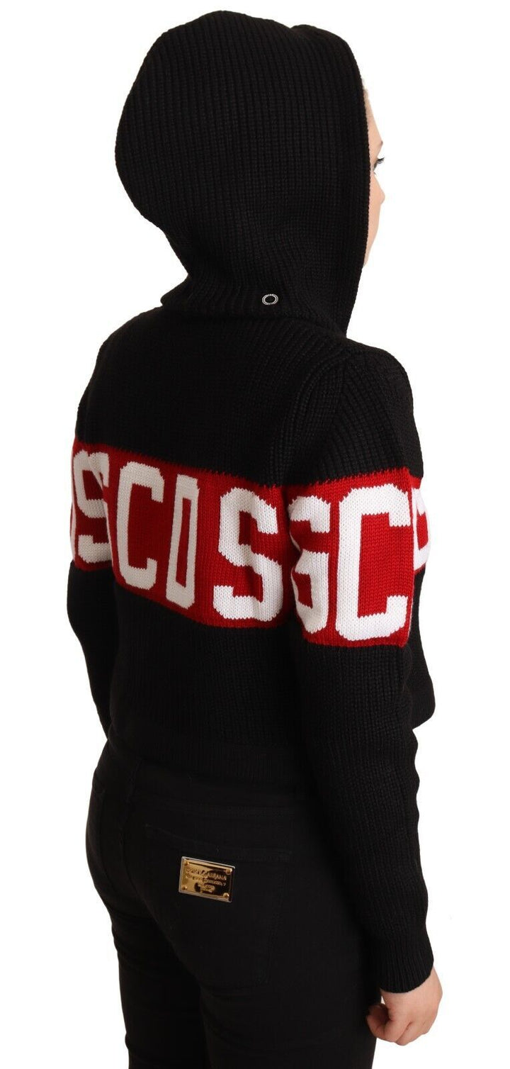 Schwarze Kaschmir-Kapuzenjacke mit Knopfleiste und Logo-Cardigan