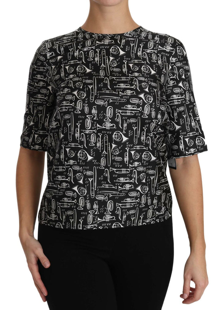 Schwarze Seidenbluse mit Musikinstrumenten-Druck