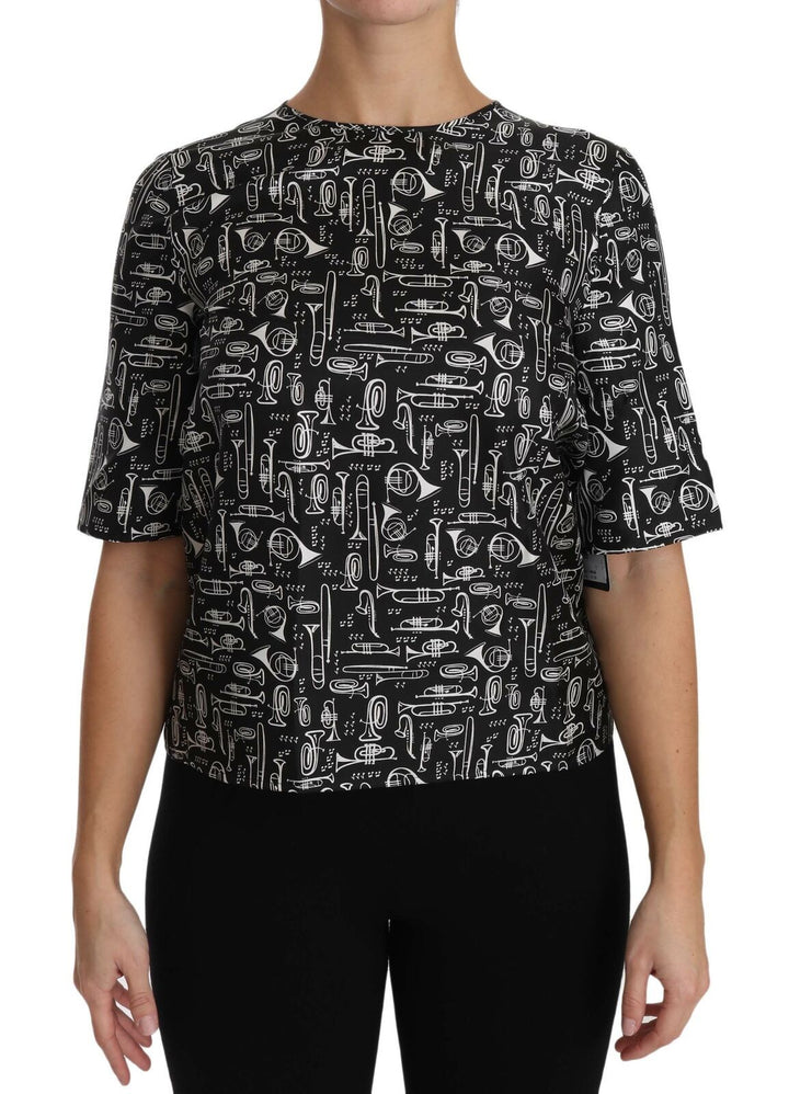 Schwarze Seidenbluse mit Musikinstrumenten-Druck