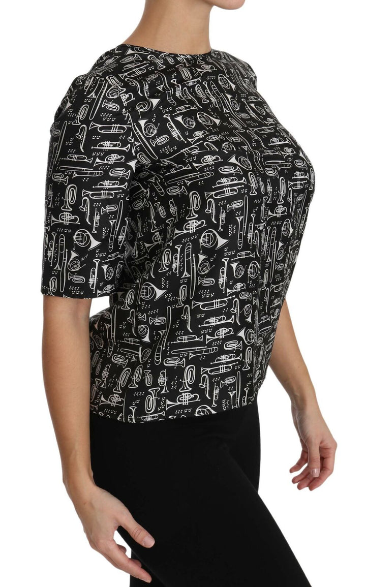 Schwarze Seidenbluse mit Musikinstrumenten-Druck