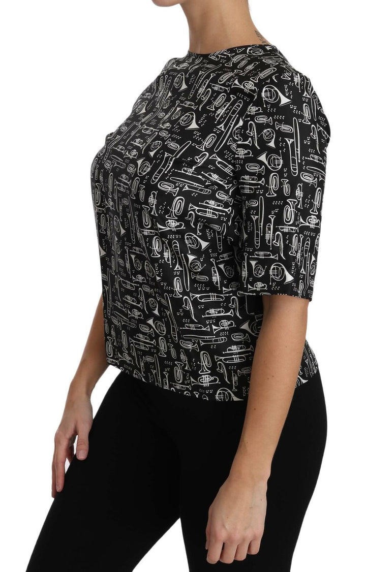 Schwarze Seidenbluse mit Musikinstrumenten-Druck