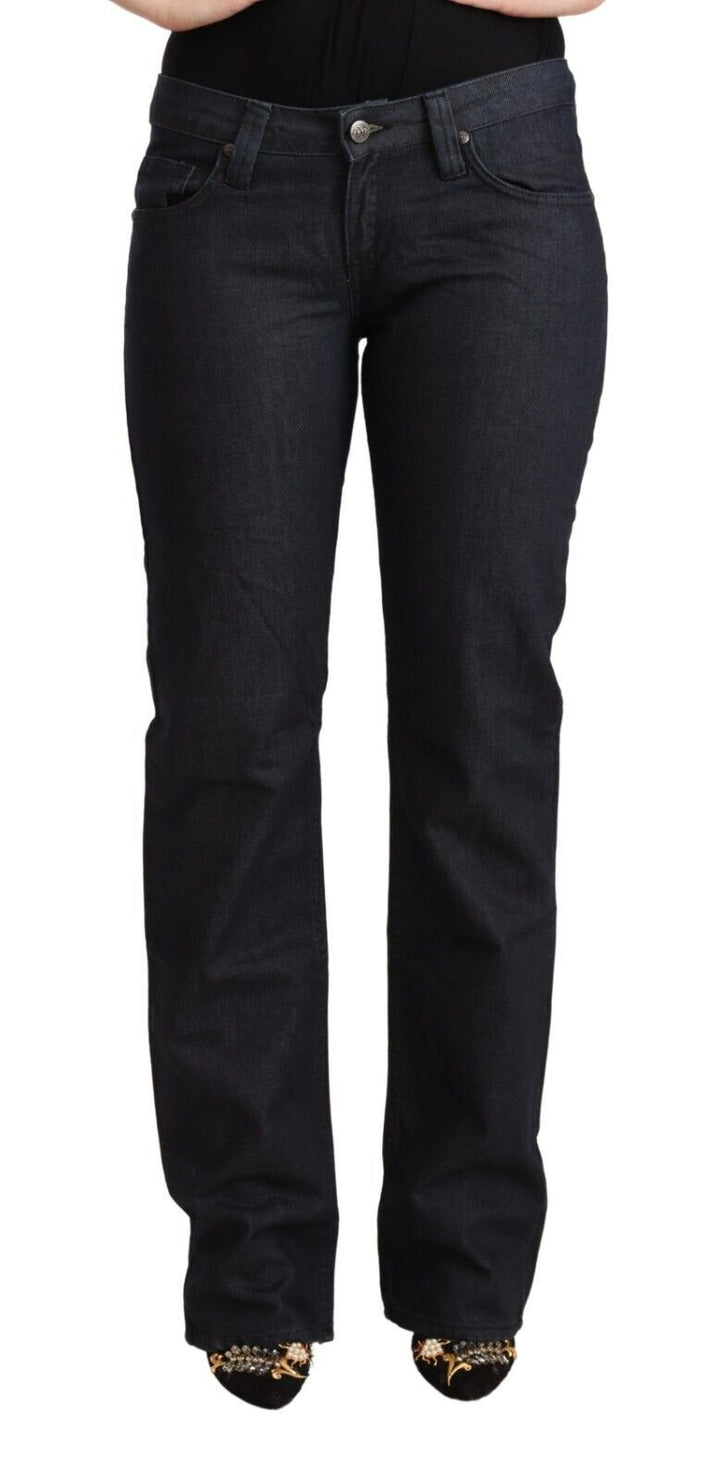 Dunkelblaue Baumwoll-Stretch-Jeans mit niedriger Taille aus geradem Denim