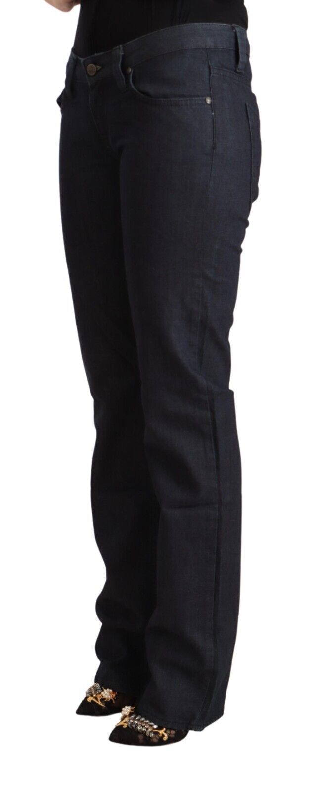 Dunkelblaue Baumwoll-Stretch-Jeans mit niedriger Taille aus geradem Denim