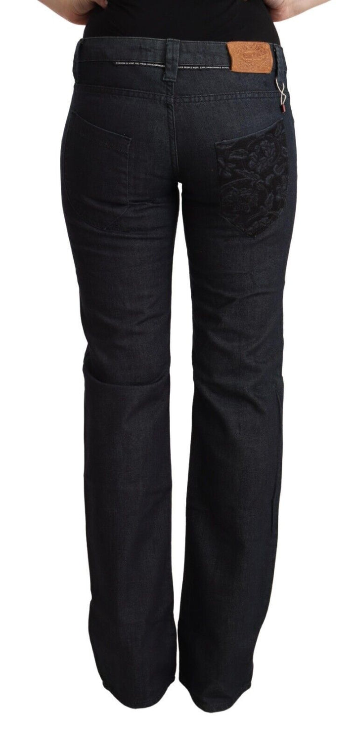 Dunkelblaue Baumwoll-Stretch-Jeans mit niedriger Taille aus geradem Denim