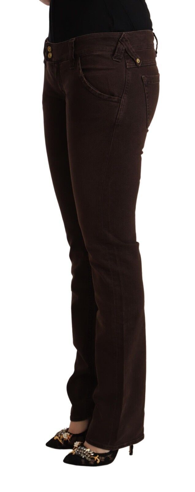 Braune Baumwoll-Stretchjeans mit niedriger Taille und schmaler Passform aus Denim