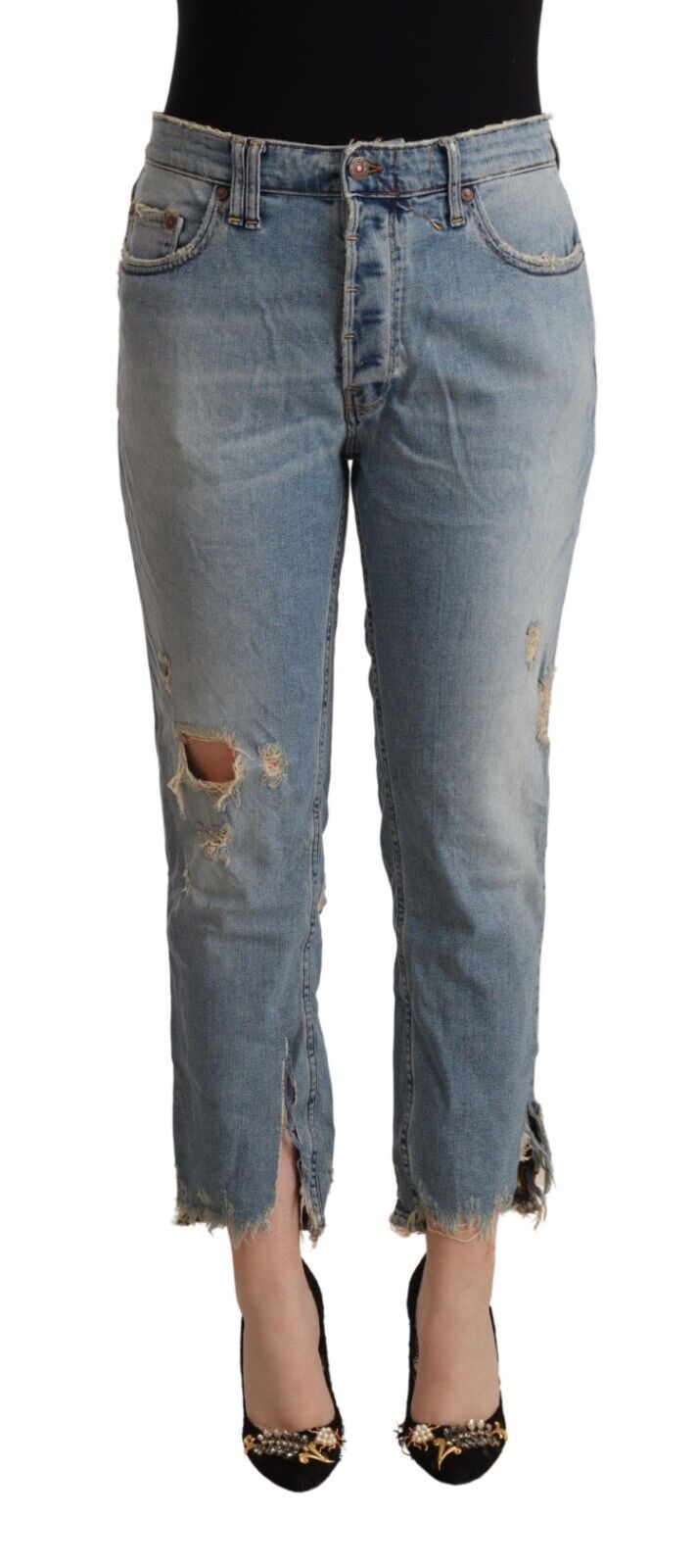 Hellblaue Distressed Mid Waist Cropped Denim Jeans