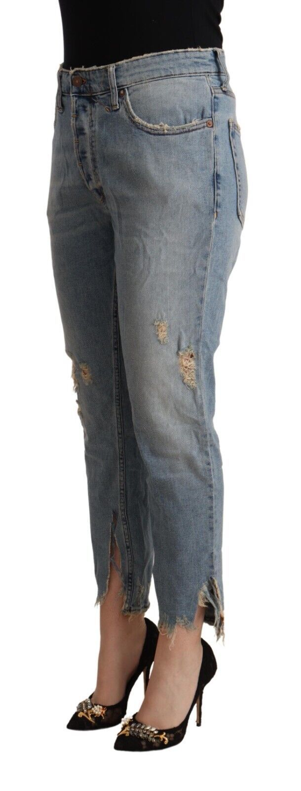 Hellblaue Distressed Mid Waist Cropped Denim Jeans