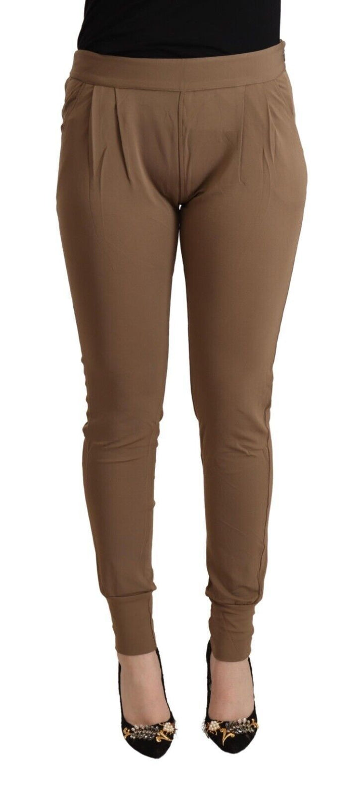 Braun Viskose Mid Waist Slim Tapered Pants