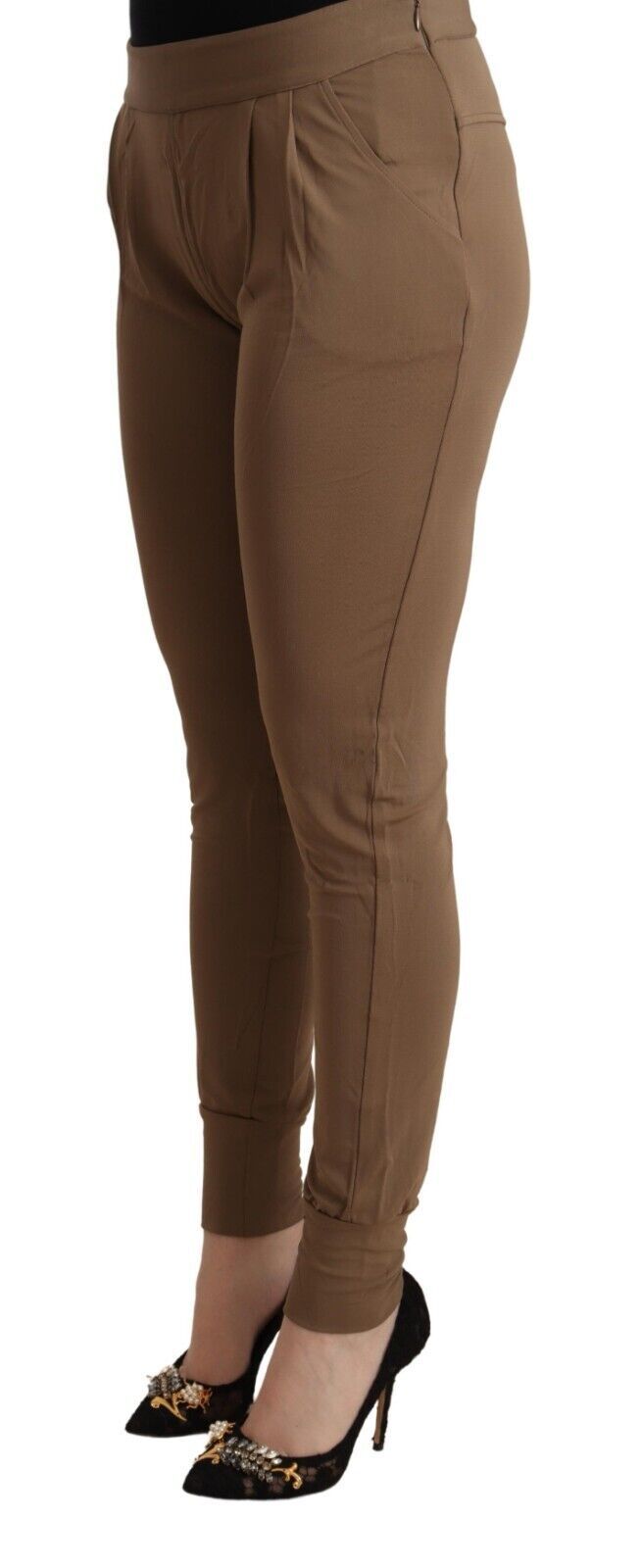 Braun Viskose Mid Waist Slim Tapered Pants