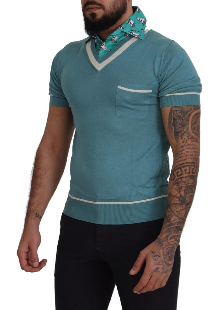 Blaues Seiden-Polo-Top Herren-T-Shirt mit V-Ausschnitt