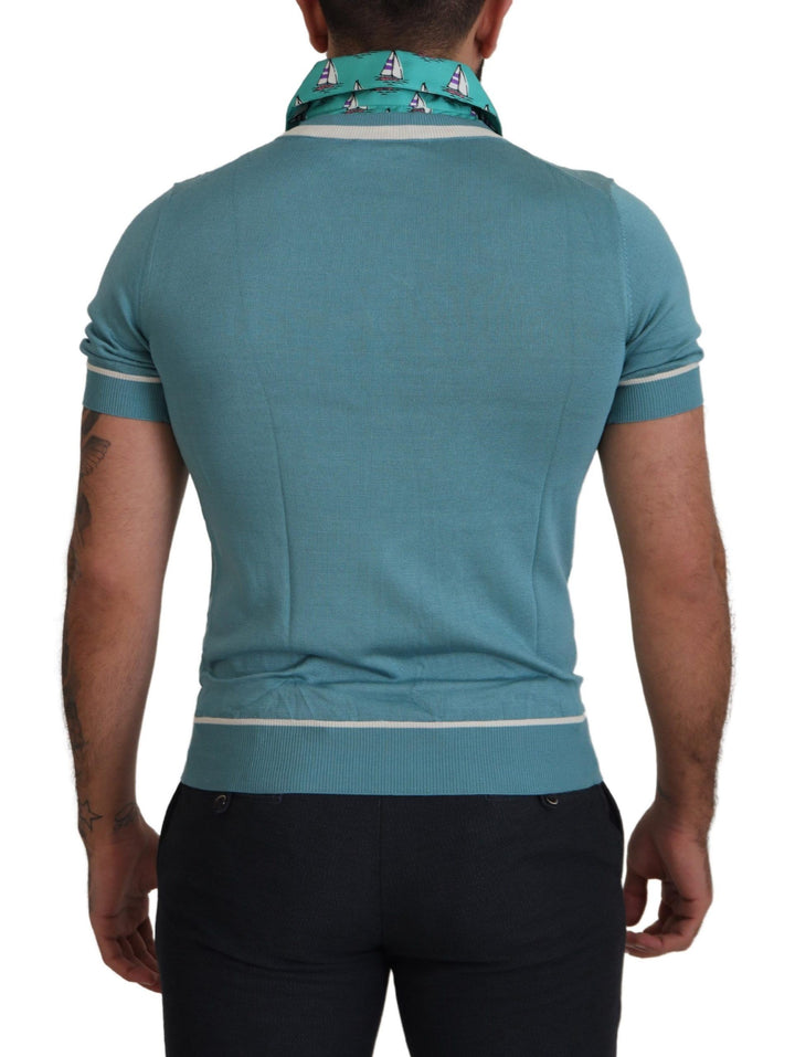 Blaues Seiden-Polo-Top Herren-T-Shirt mit V-Ausschnitt