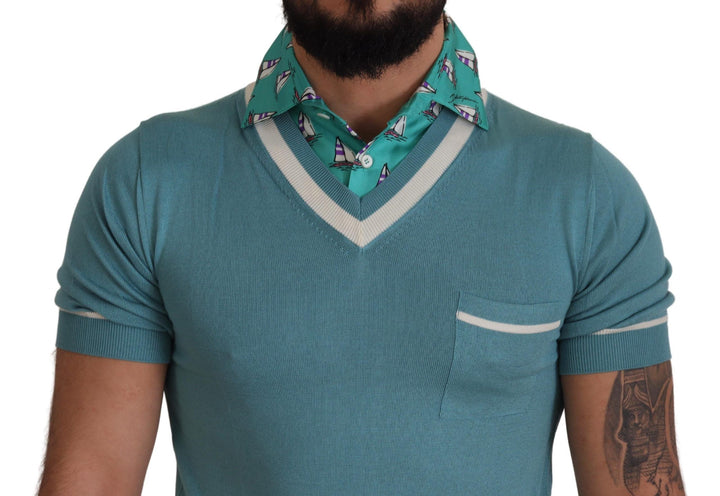Blaues Seiden-Polo-Top Herren-T-Shirt mit V-Ausschnitt