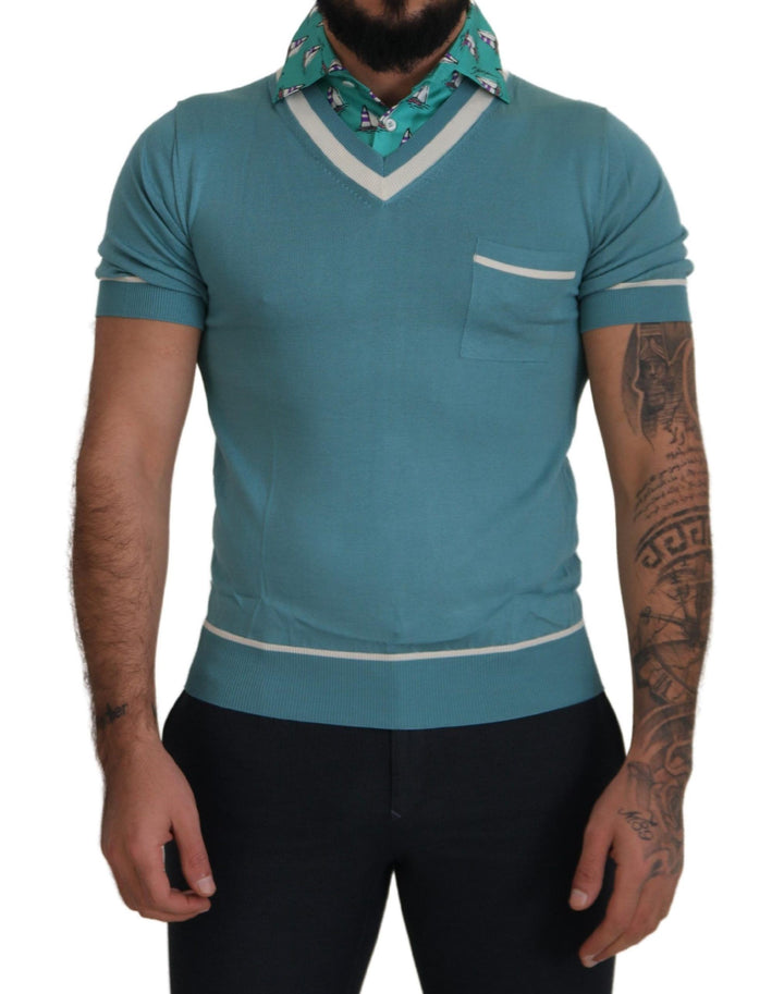 Blaues Seiden-Polo-Top Herren-T-Shirt mit V-Ausschnitt