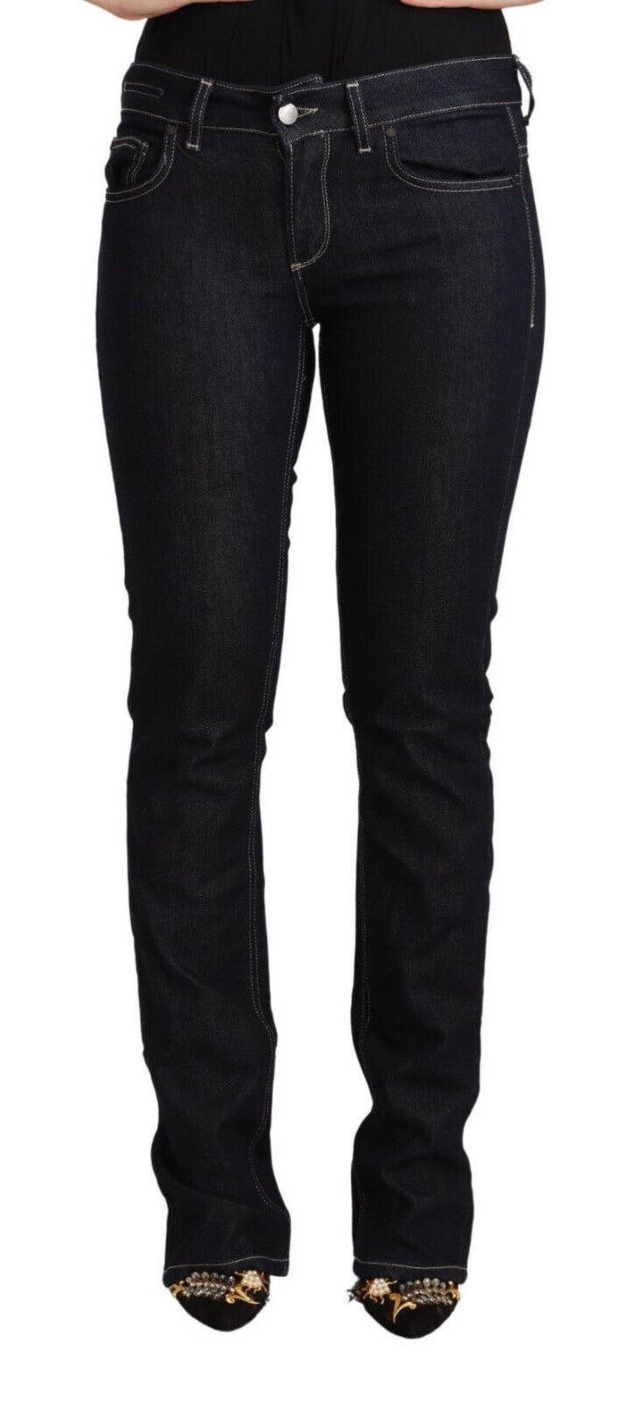 Schwarze Baumwoll-Stretch-Denim-Jeans mit niedriger Taille