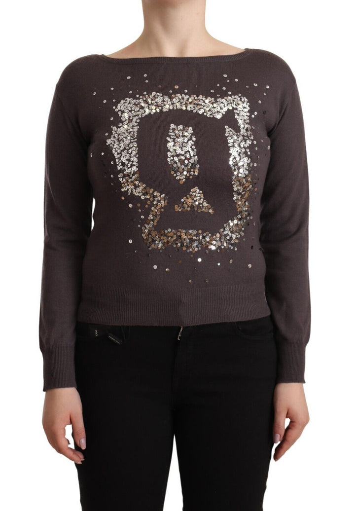 Brauner Wollpullover mit langen Ärmeln und Pailletten
