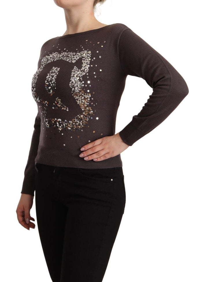 Brauner Wollpullover mit langen Ärmeln und Pailletten