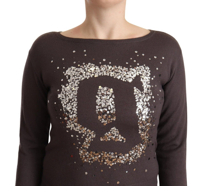 Brauner Wollpullover mit langen Ärmeln und Pailletten