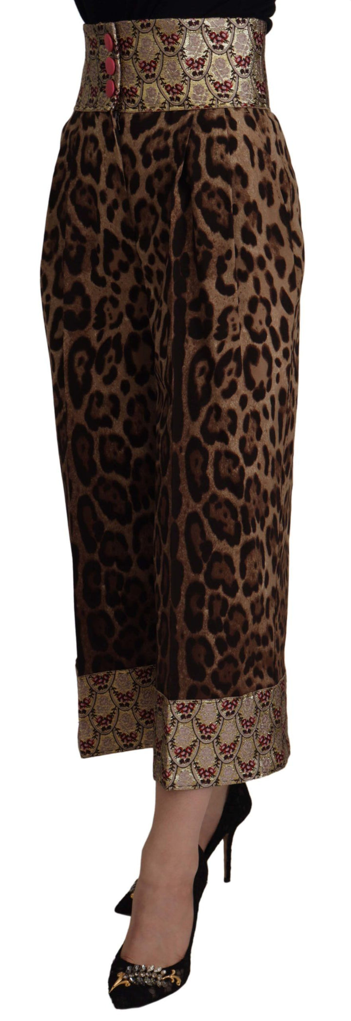 Braune Leopard-Gold-Jacquard-Hose mit hoher Taille
