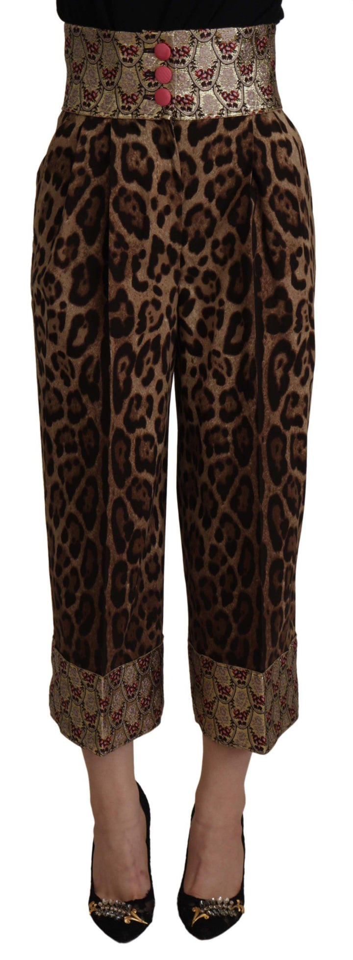 Braune Leopard-Gold-Jacquard-Hose mit hoher Taille