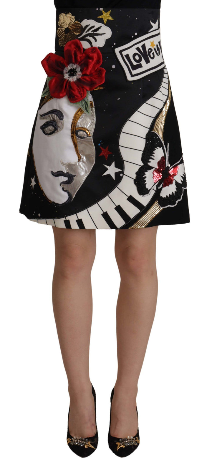 Black high-waisted skirt with embellished A-line