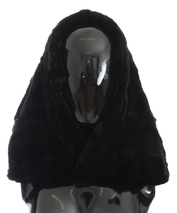 Chic black weasel fur hooded scarf wrap