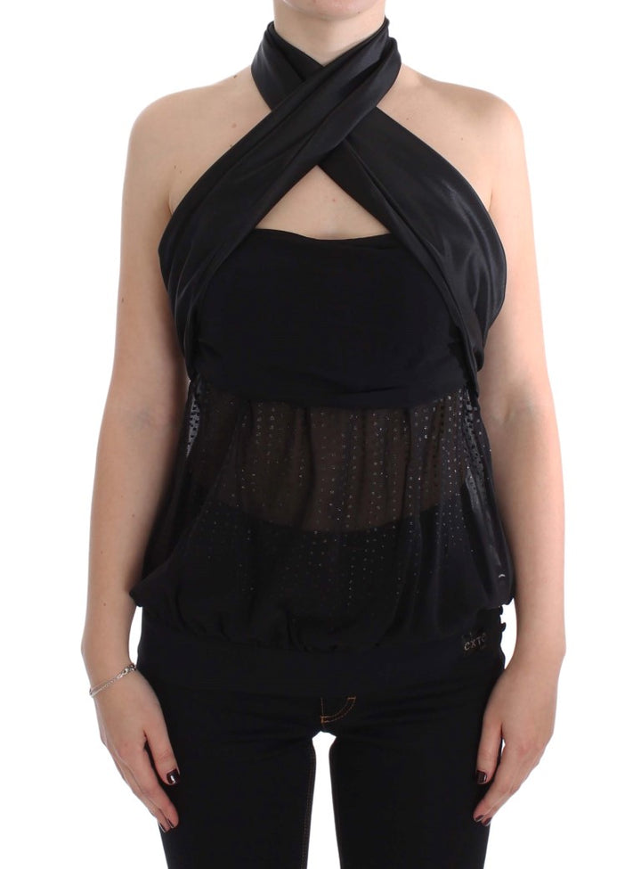 Elegant black evening wrap top blouse