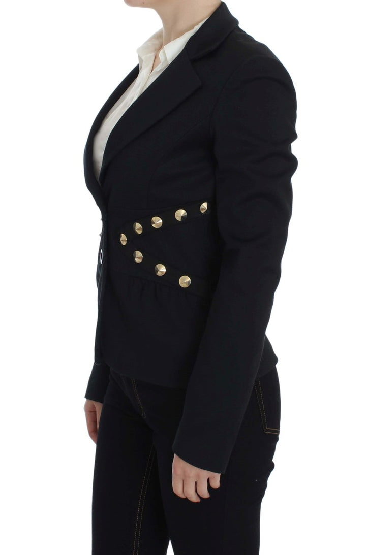 Schwarzer Baumwoll-Stretch-Blazer mit goldenen Nieten