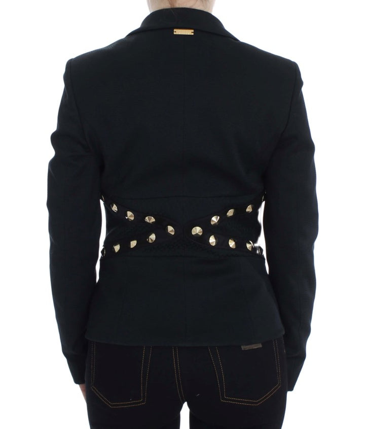 Schwarzer Baumwoll-Stretch-Blazer mit goldenen Nieten