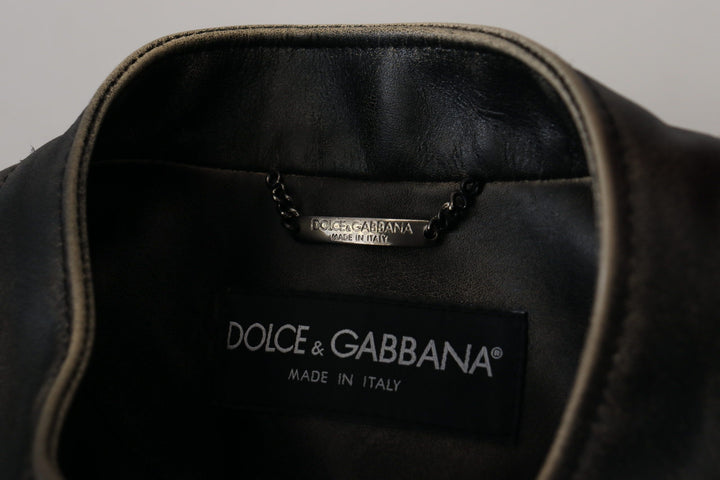Elegant black leather jacket with silver details