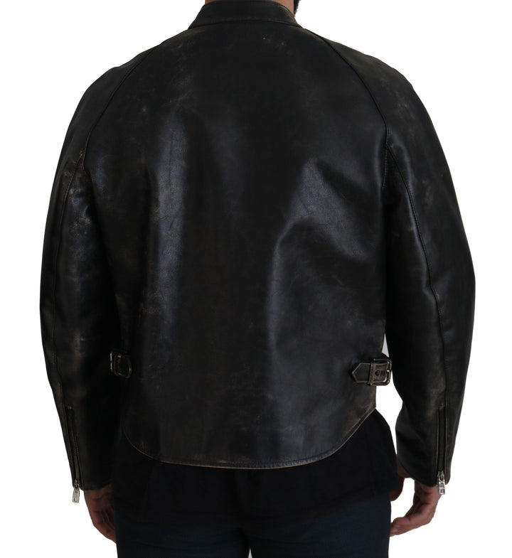 Elegant black leather jacket with silver details