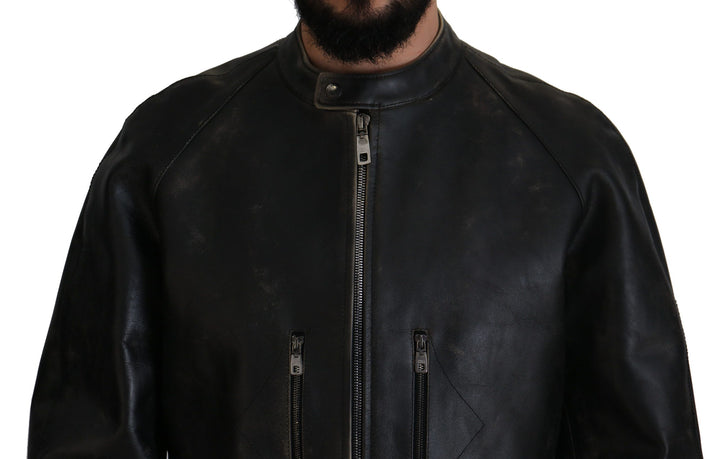 Elegant black leather jacket with silver details
