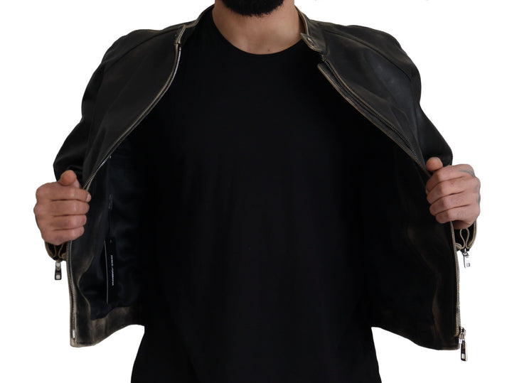 Elegant black leather jacket with silver details
