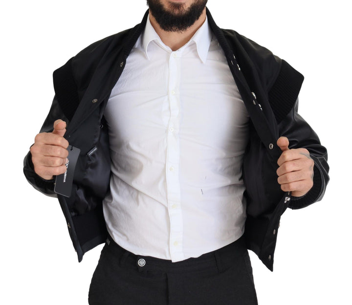 Elegant black bomber jacket with crystal embellishments