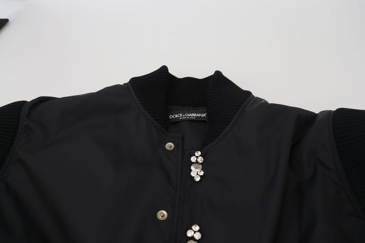 Elegant black bomber jacket with crystal embellishments