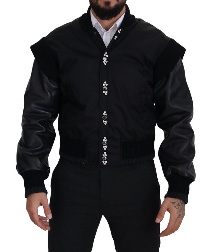 Elegant black bomber jacket with crystal embellishments